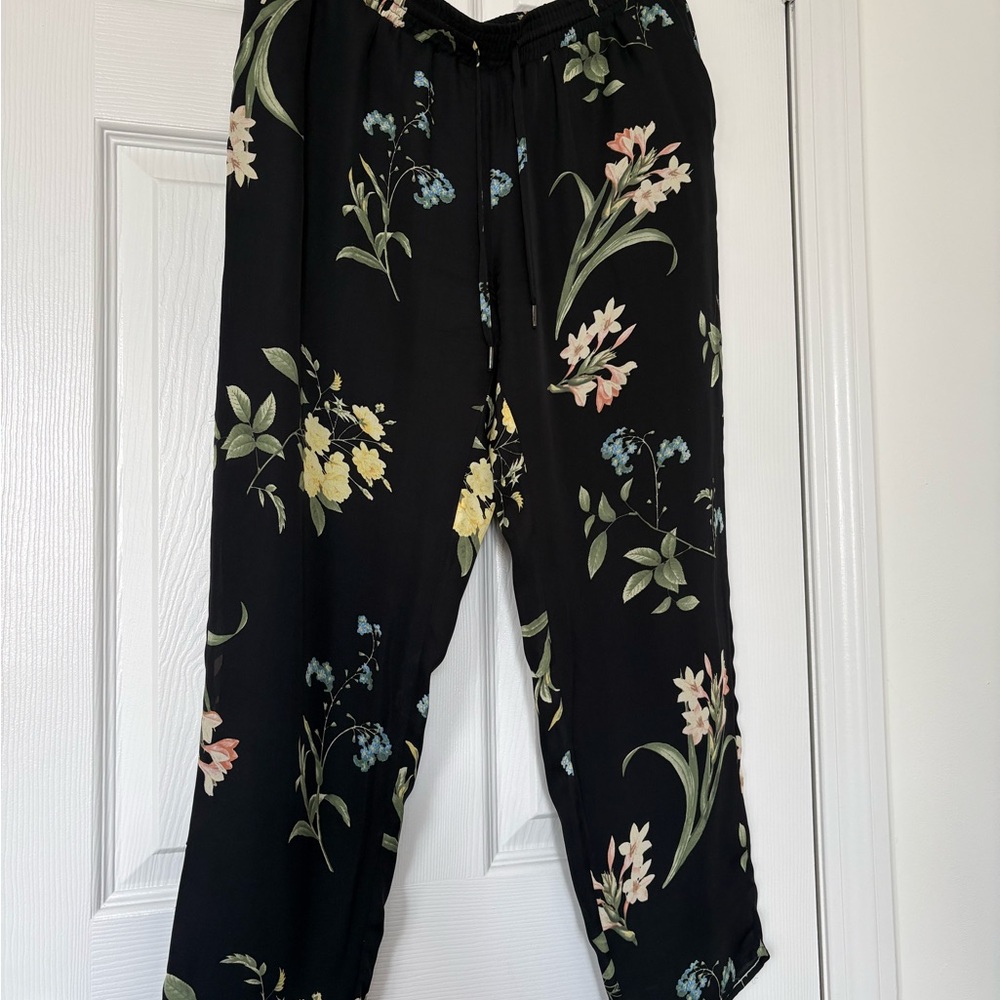 Joie Black Floral Silk Drawstring Waist Pants